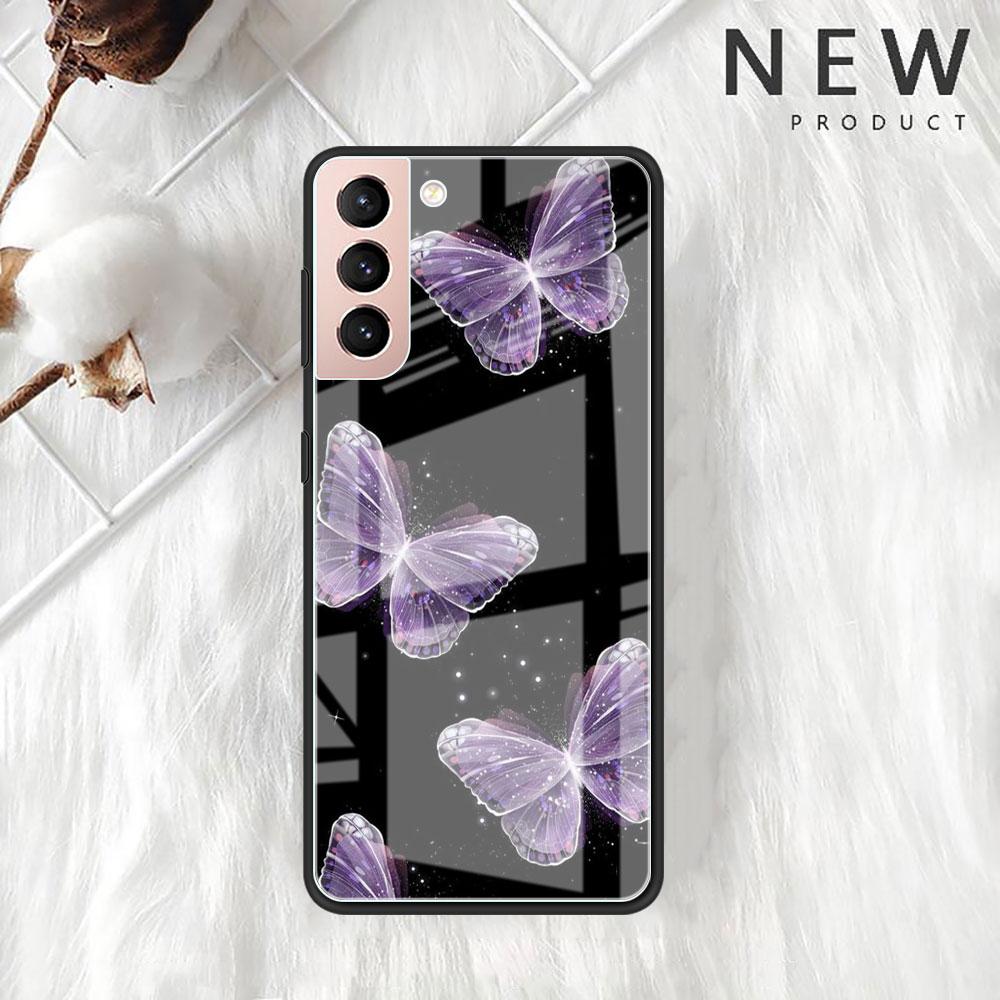 Funda de Cristal Mariposa Rosa Belleza Para Samsung Galaxy S22 S20 FE S21 Plus Cubierta de Teléfono S10 5G S9 Note 20 Ultra 10 Lite Carcasa
