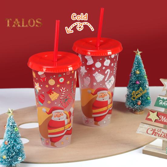 710ML Christmas Color Changing Cups with Lids Straws Reusable Food-Grade Santa Claus Design Cups for Adults Kids Prevents Straw Slipping Leak-Proof