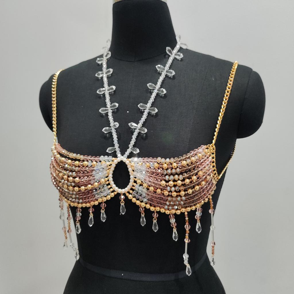 Skl000666 European American Crystal Imitation Pearl Halter Backless Chest Body Chain Fashion Colorful Beaded Women Adults