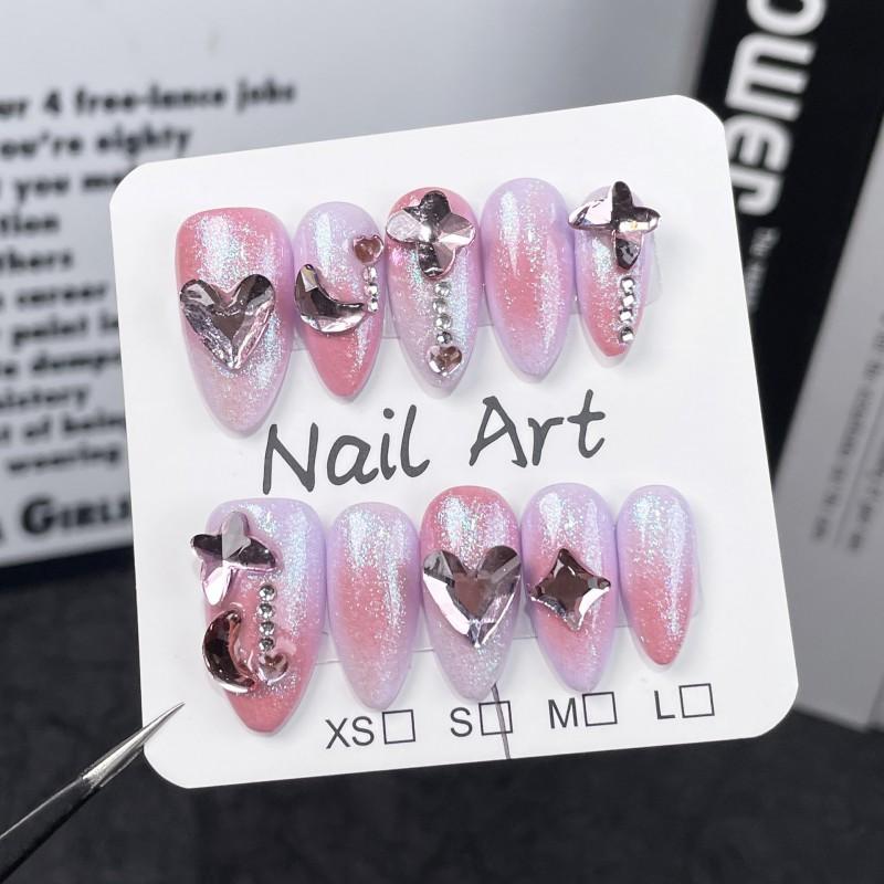 Handmade Press-On Nails With Irregular Gradient Sparkle Design Sweet Style Medium Length Almond Shape