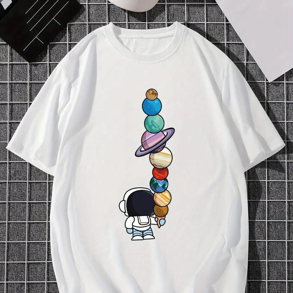 Summer New Men's T-shirt 100% cotton cartoon Astronaut Planet print loose large casual crew neck short sleeve T-shirt