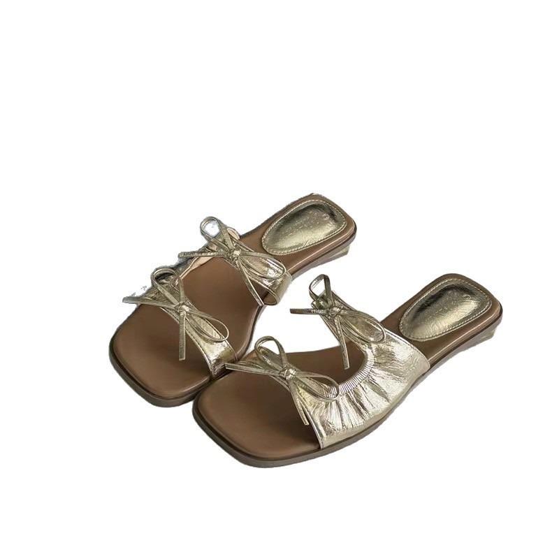 New Summer Sandals Women's Beach Shoes Bow Slippers Women's Summer Wear Silver Thick Heels