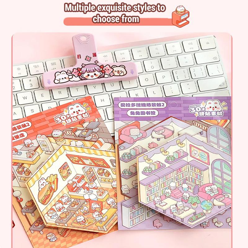 DIY Cute Rabbit Cartoon Girl Mini World Landscape Sticker Pocket 3D Sticker Cabin Scene Stacking and Pasting Festival Kids Gifts