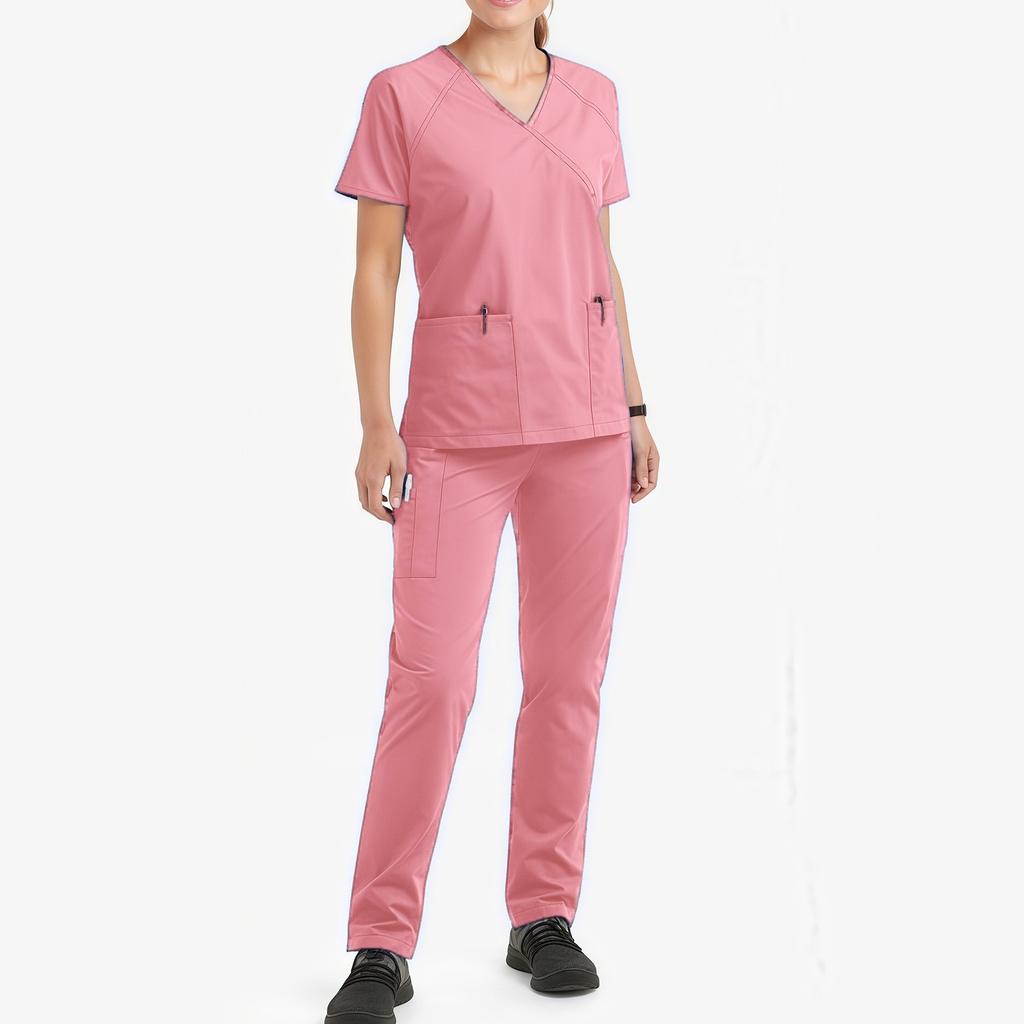 Ladies' Loose And Comfortable V-neck Short Sleeved Stand Up Collar Workwear With Multiple Pockets Suit Set