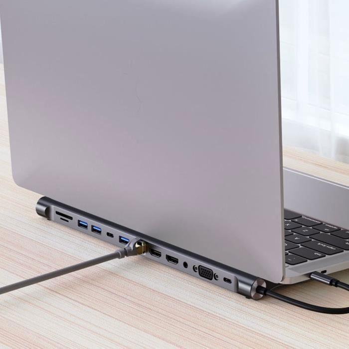 Adaptateur USB-C vers Double HDMI 4K, VGA avec Port USB 3.0, PD 100W, Ethernet, Lecteur de Carte SD-TF, Hub 12 en 1 pour MacBook