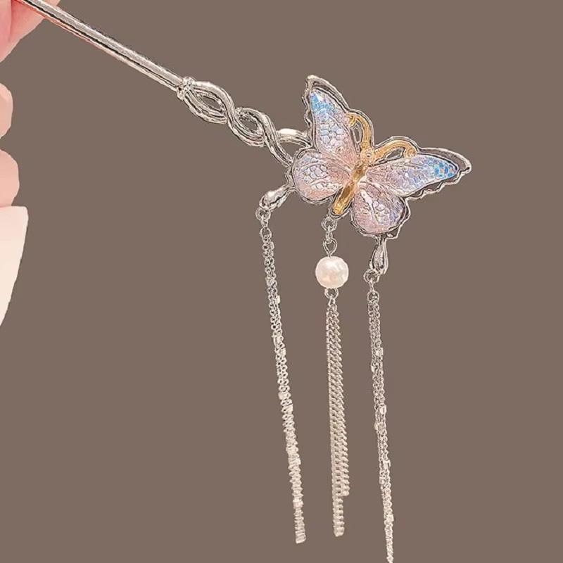1pc Chinese Style Fashion Hair Stick Pearl Tassel Exquisite Butterfly Hair Accessory Daily Party Wear Women Hair Needle Hairpin