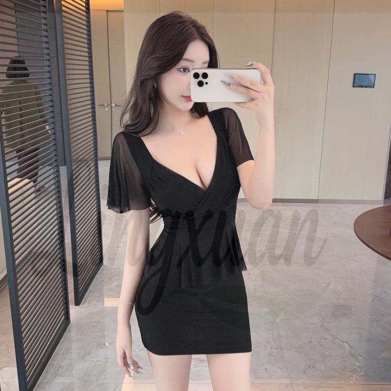 Chic V-Neck Short-Sleeve Mesh Pleated Waist-Cinched Bodycon Dress Large чёрный