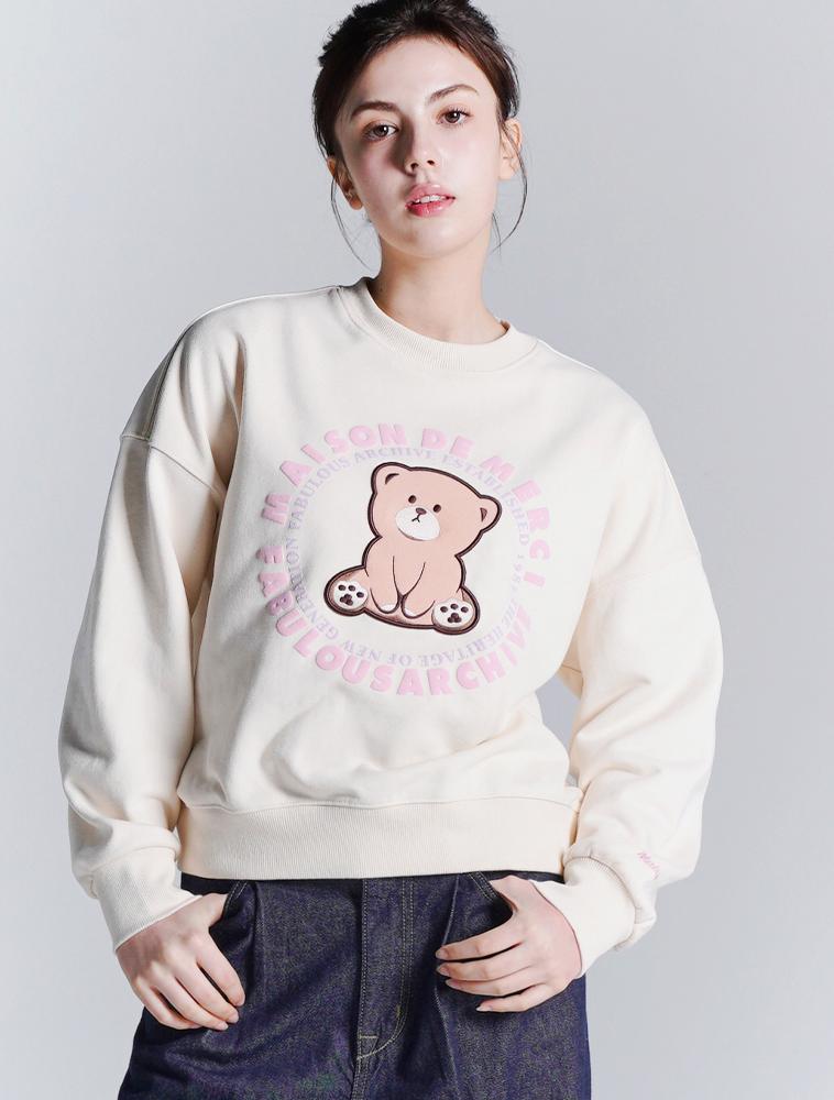 LA MAISON STUDIO Women'S Crop Little Bear Friends 3D Sweatshirt Cream (Fcd1Ts202W)