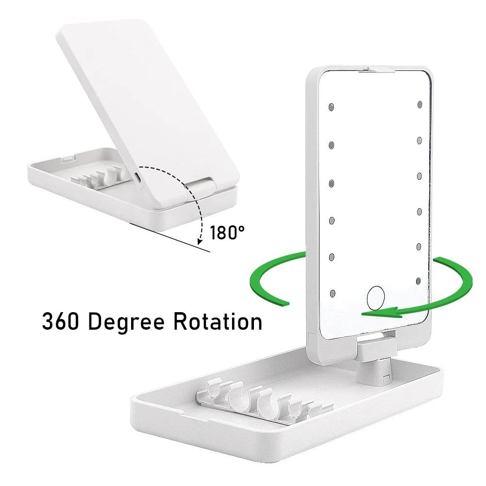 Portable Makeup Mirror With 5 Brushes Storage Box Rotatable LED Touch One-Face Storage Box Foldable Compact Makeup Mirror