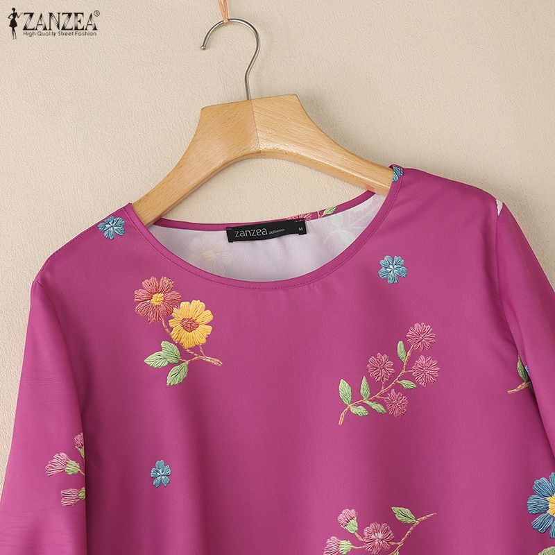 ZANZEA Women Casual Round Neck Long Sleeve Loose Print Blouse