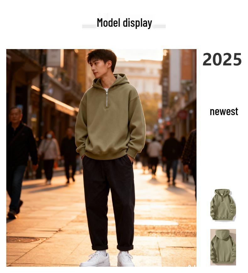 2025 Men's Heavyweight Fleece Hooded Sweatshirt: Autumn/Winter Half-Zip Casual Jacket