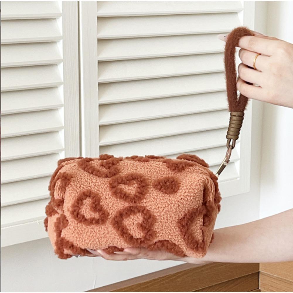 Plush Makeup Bags with Handle Soft Travel Cosmetic Storage Bag Portable Love Print Organizer Pencil Case Cute Clutch Pouch