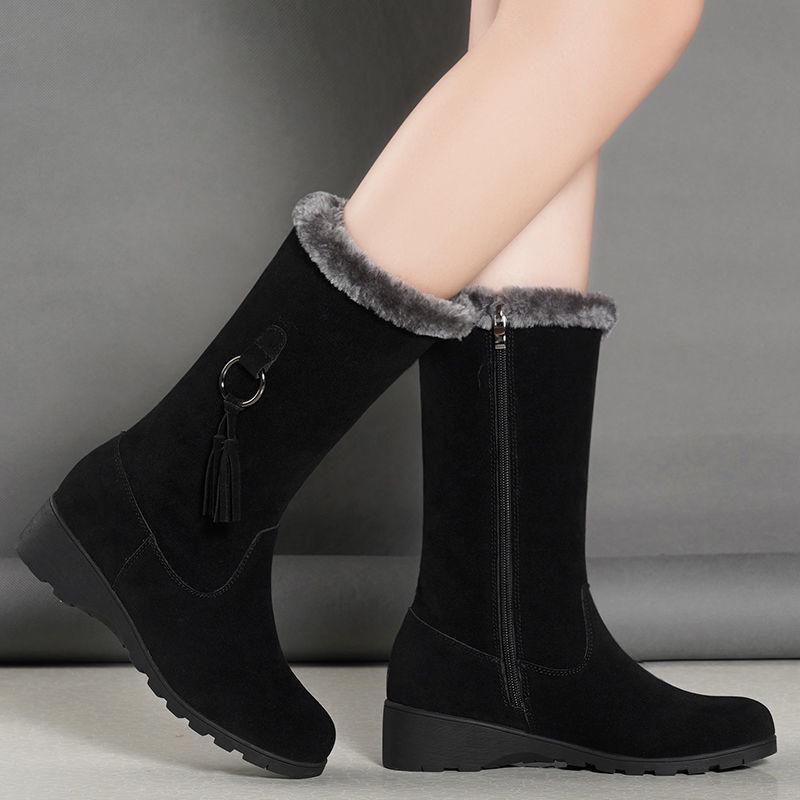 Damen Verdickte Rutschfeste Mid-Calf Schneestiefel - Warmes Fleecefutter, Vielseitige Mode Baumwolle, Schwarz