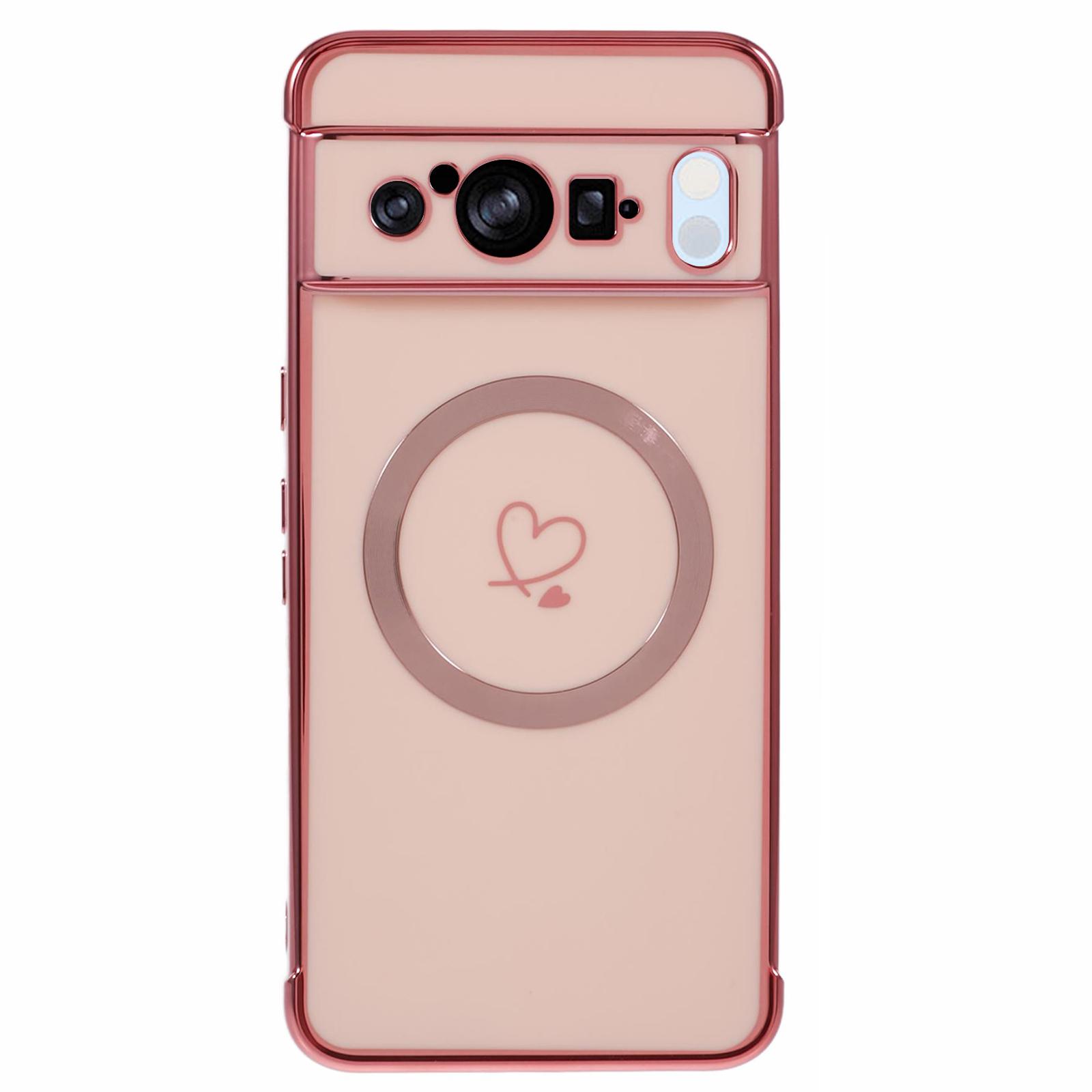 

For Google Pixel 8 Pro Case Compatible with MagSafe Electroplated TPU Phone Cover Hollow Love Hearts Rose Pink