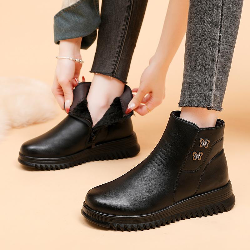 Microfiber Leather Mother Cotton Shoes Winter Velvet Warm Middle-aged and Elderly Women Flat Boots Non-slip Side Zipper for the Elderly