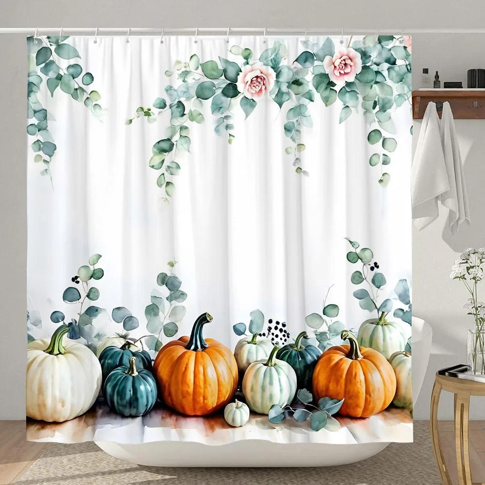 Sunflower Pumpkin Shower Curtain Thanksgiving Rustic Farm Barn Elf Cute Dog Polyester Shower Curtains Bathroom Decor with Hook