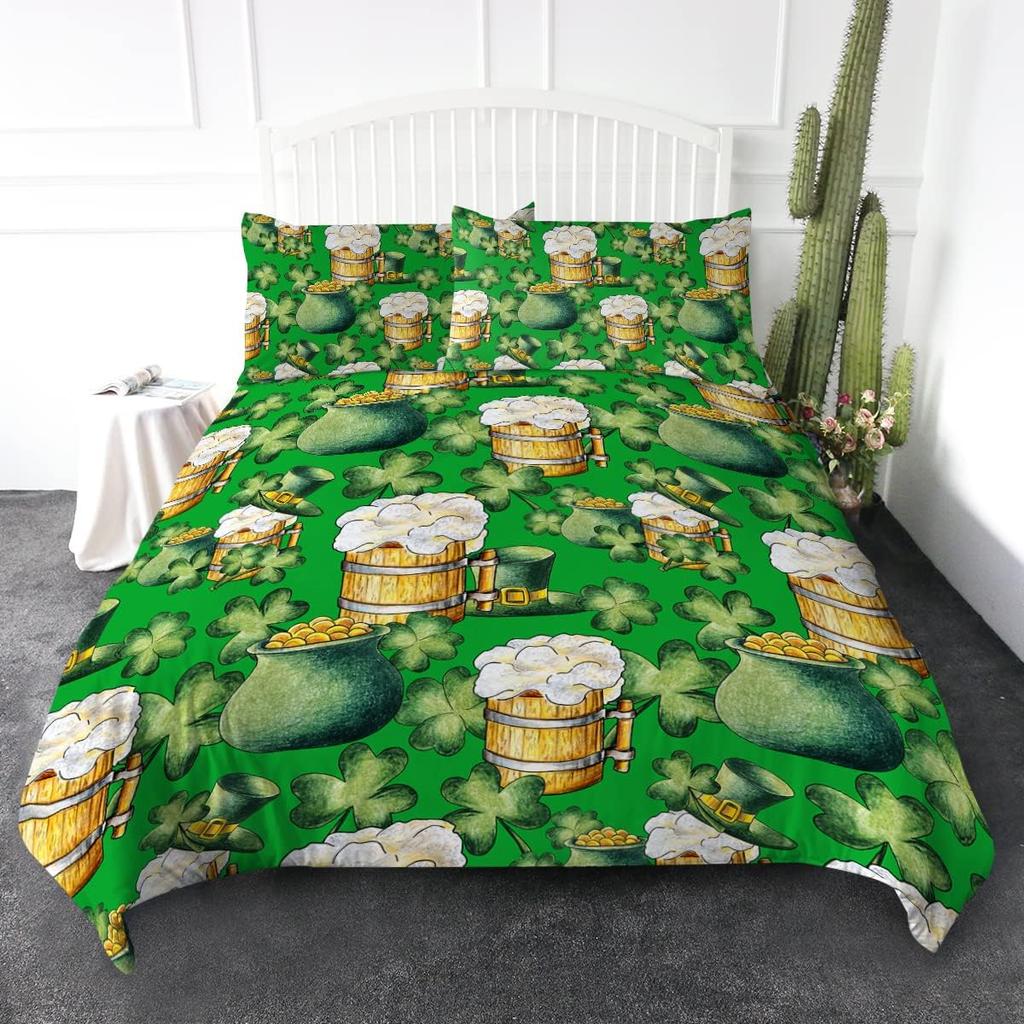 Green Animal Plant Pattern Duvet Cover Queen King Size HD Printed Shamrock Green Bedding Set 3 Piece Set and 2 Pillowcase T