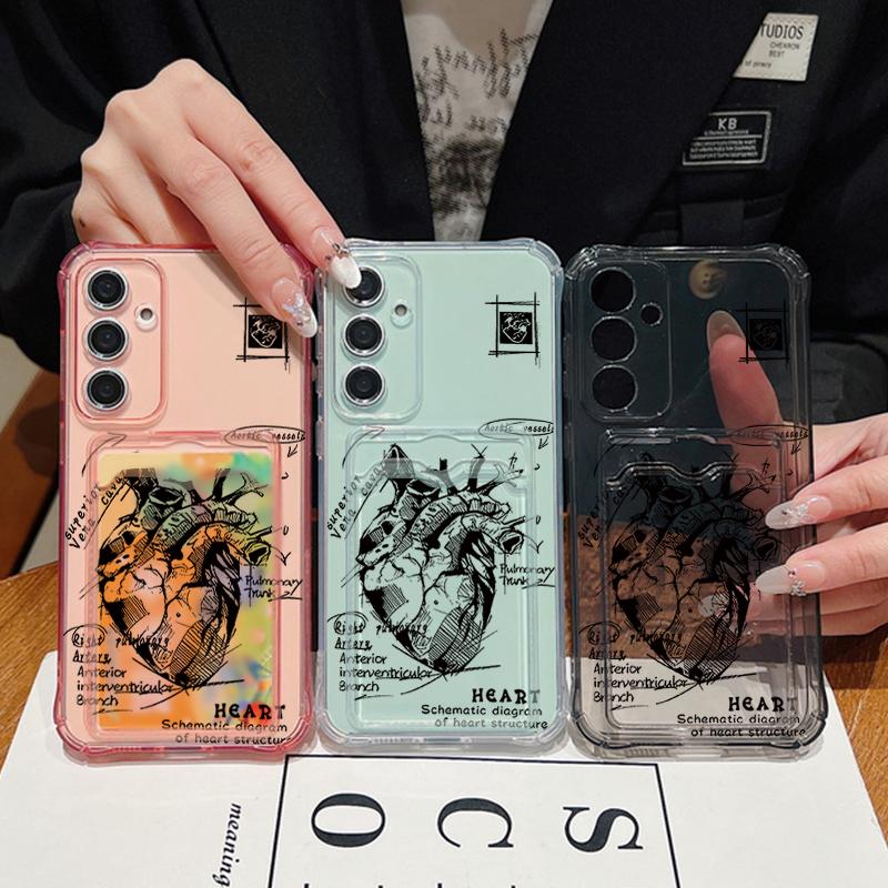Przezroczyste silikonowe etui z przegródką na karty z nadrukiem serca dla Samsung S25 Ultra S24 FE S23 A56 A16 A36 A55 A15 A35 Wstrząsoodporne Miękkie Smukłe Etui na Telefon