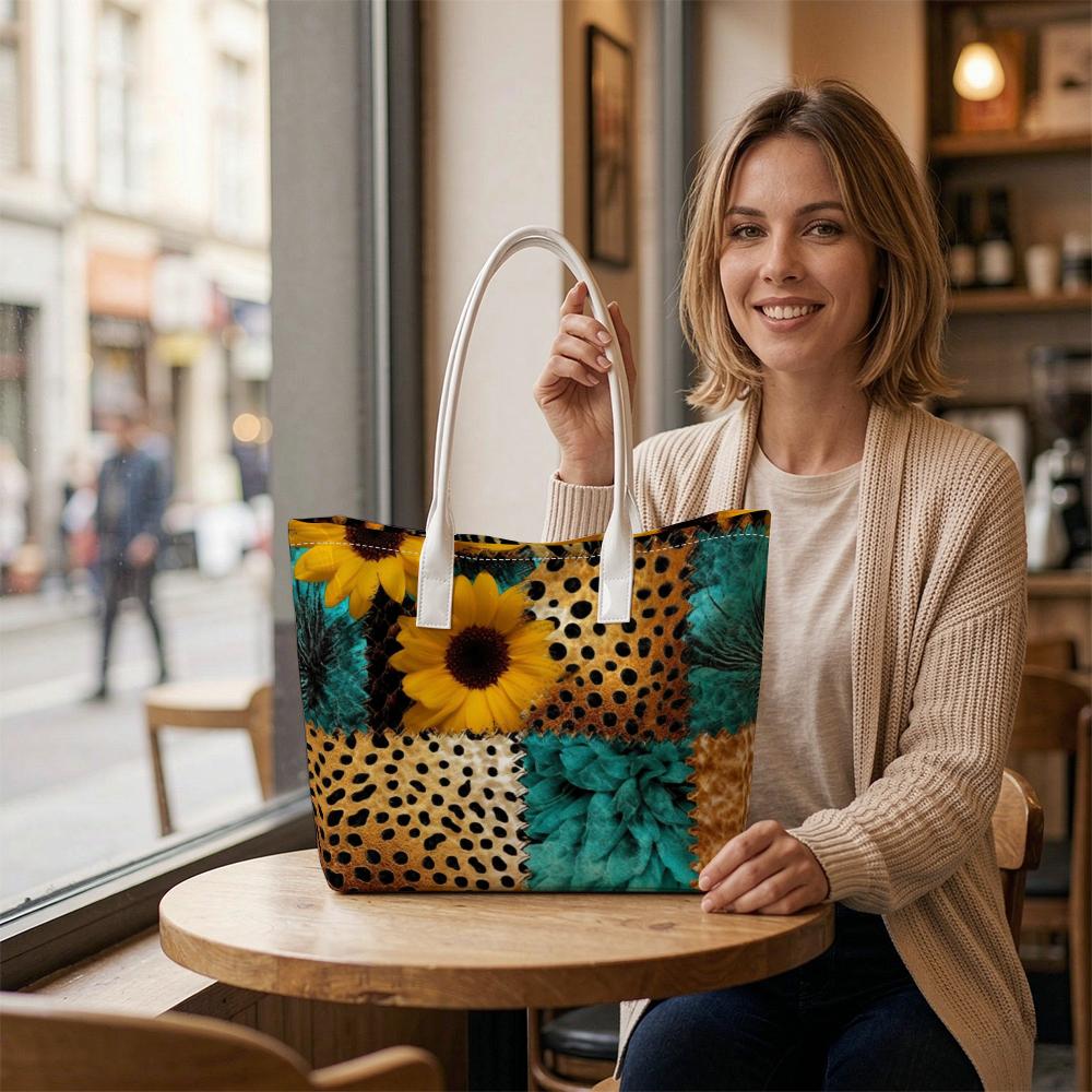 Sunflower Leopard Print Tote Bag for Daily Outdoor Shopping Use