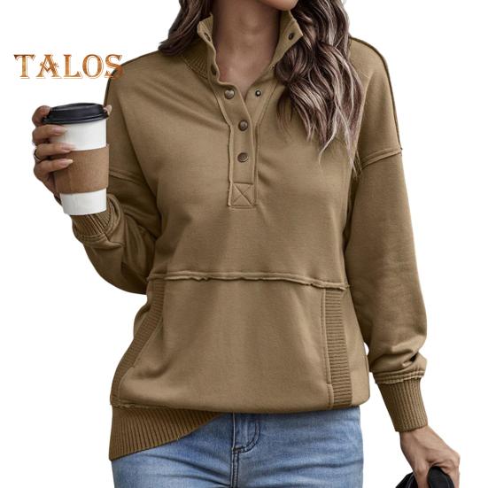 Fall Spring Women Sweatshirt Half-open Stand Collar Solid Color Loose Pullover with Big Pocket Elastic Cuffs OL Commuting Daily Top