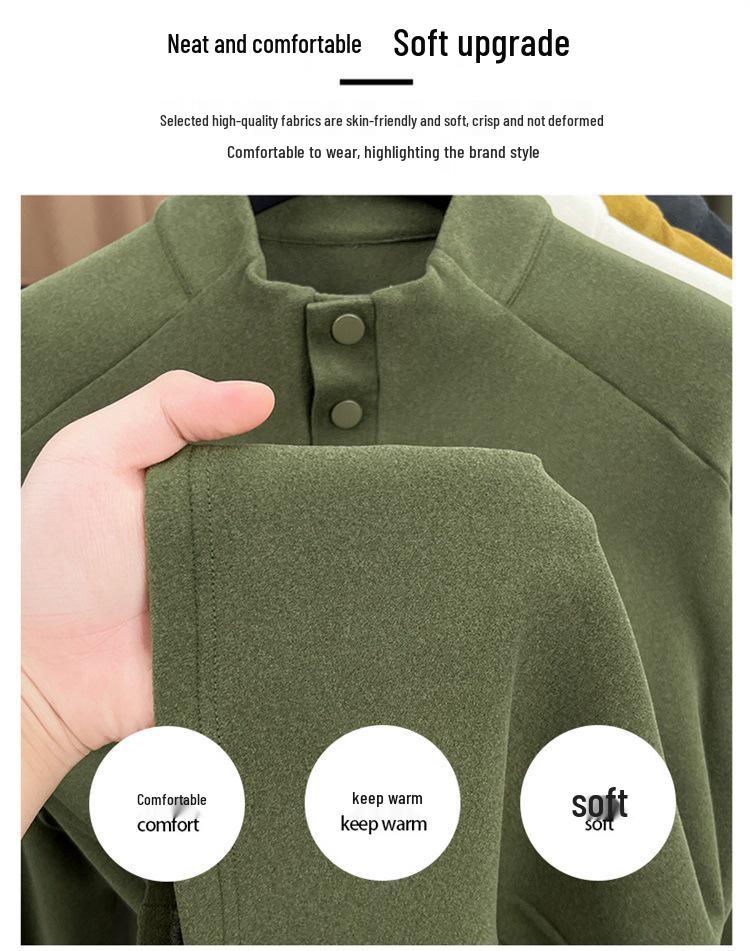 Men's Solid Color Fleece Hoodie: Autumn/Winter Long Sleeve Half-High Collar Casual Base Layer
