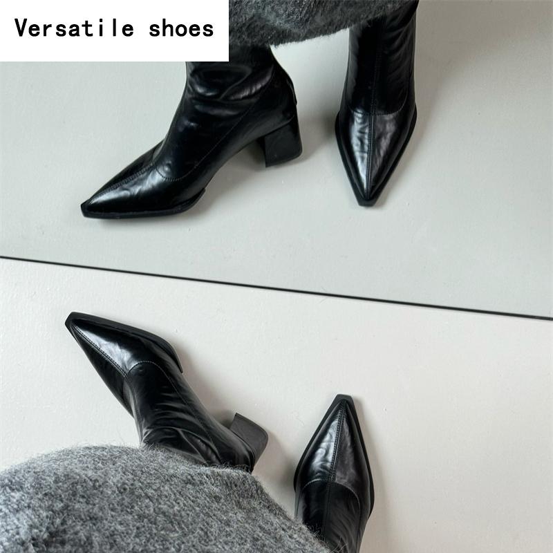Designer Soft Leather Women Ankle Boots Sexy Pointed Toe Short Booties Stripper Square Heels Shoes