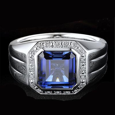 Square Blue Crystal Sapphire Gemstones Bague Zircon Diamonds Rings for Men White Gold Color Fashion Jewelry Business Accessories