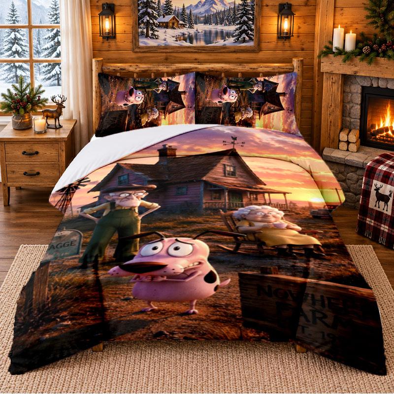 Courage the Cowardly Dog Pattern Bedding 3Pcs Set Bed Sheet And Pillowcases For Indoor Bedroom