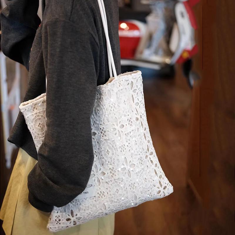 Hollow Out Embroidery Lace Shoulder Bag Flower Design Large Capacity Sequin Tote Bag Lightweight Women's Shopper Handbag CLE