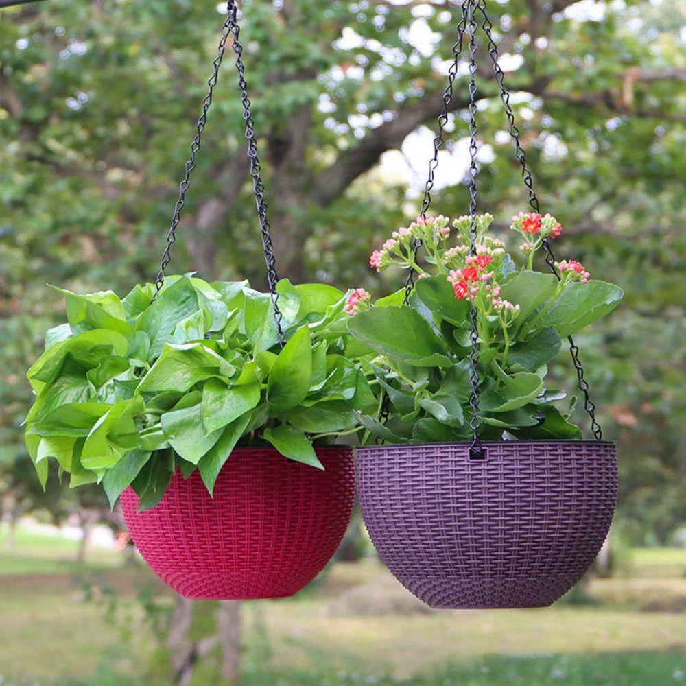 Garden Decoration Plastic Woven Plaited Baskets with Chain Round Hanging Flower Pots Home Decor Plant Planters Balcony