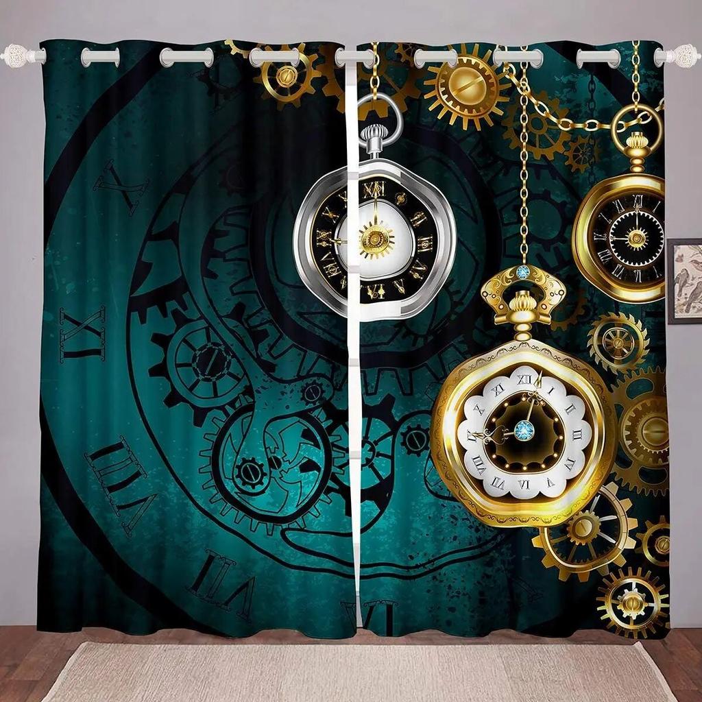 Steampunk Style Antique Composition Brass Fastening Round Print 3D Digital Printing Bedroom Living Room Window Curtains 2 Panels