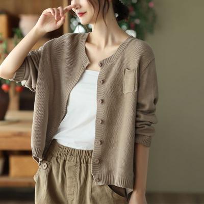 New Spring and Autumn Fashion Simple Round Neck Art Retro Knitted Cardigan Sweater Temperament Commuter Outwear Women's Top