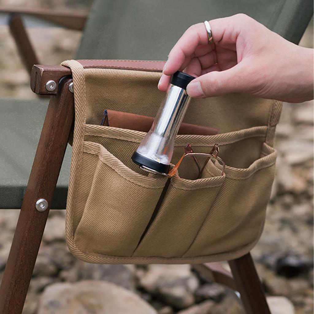 Chair Armrest Bag Large Capacity Waterproof Canvas Beach Chair Hanging Storage Pouch for Outdoor Camping Picnic Khaki