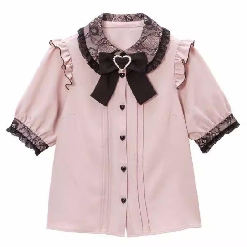 Cross-Border Europe Cute Versatile Japanese Style Bow Long Sleeve Ruffle Shirt for Women