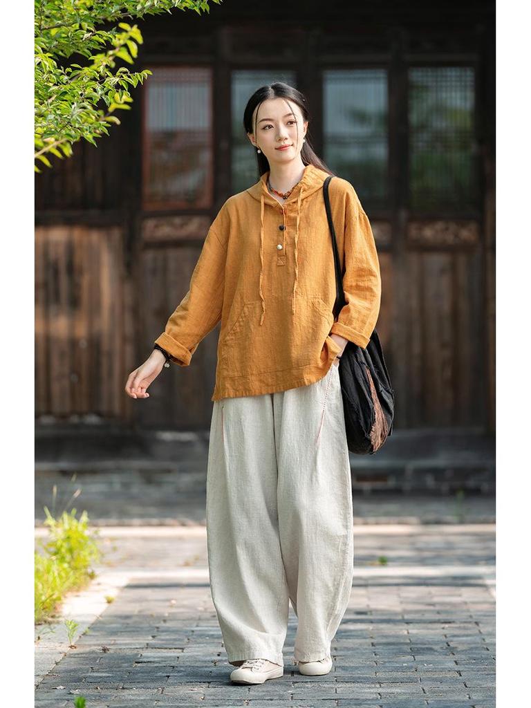 Artistic Retro Women's Long-Sleeved Hooded Linen Pullover Sweatshirt - Loose Casual Washed Cotton Top