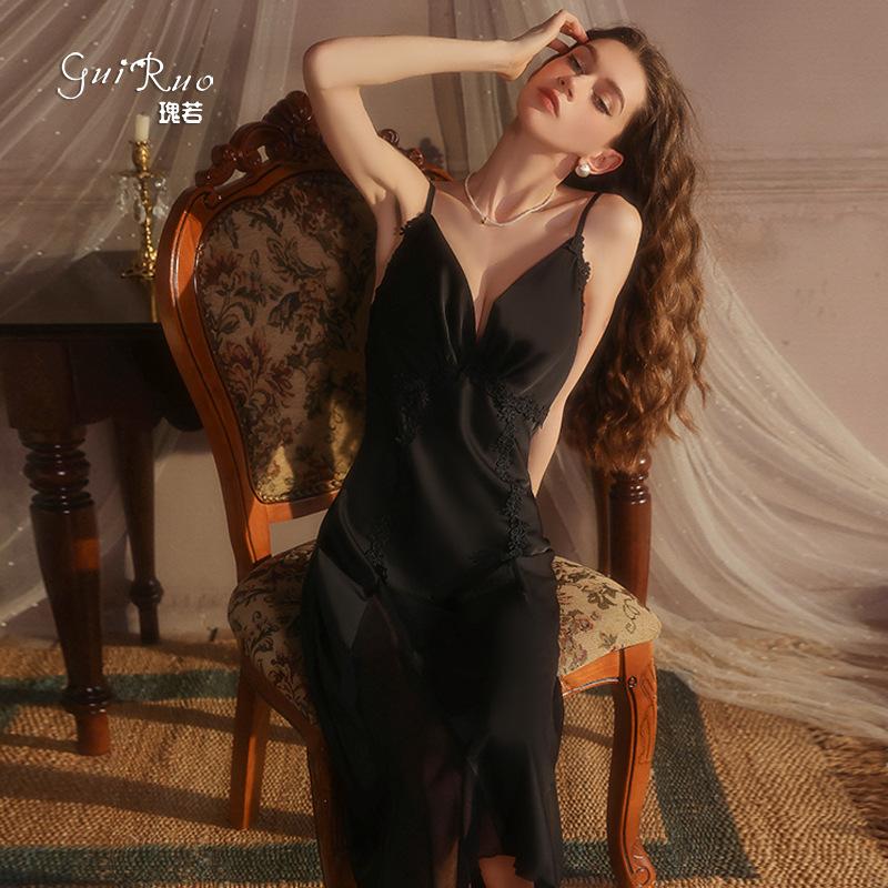 Women's Silky Sheer Mesh Deep V Low Cut Sleep Dress with Robe Lounge Set
