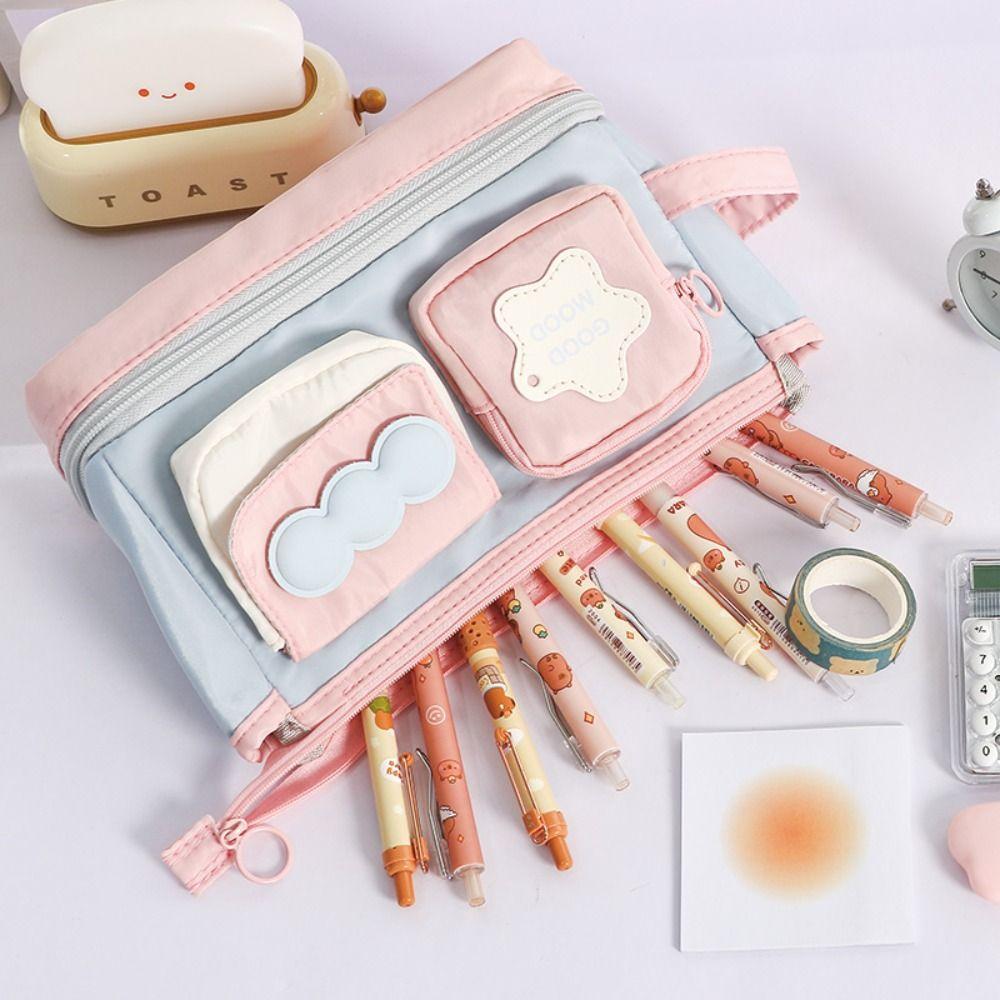 New Contrast Color Pen Bag Handheld Large Capacity Pencil Case Zipper Design Stationery Bag School Office