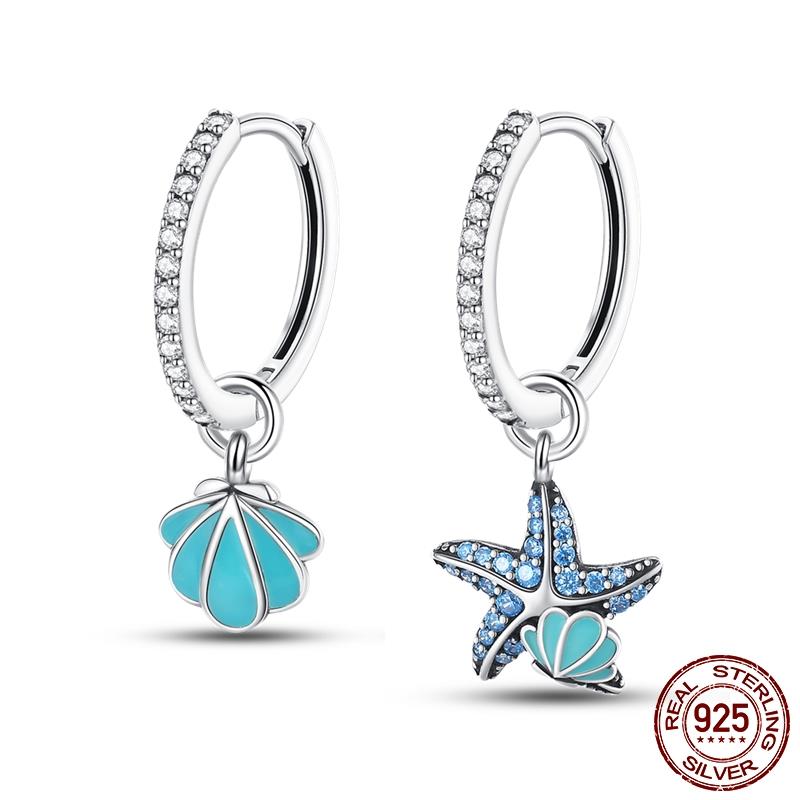 Luminous Shell Women Earrings Original 925 Sterling Silver Pave CZ Star Moon Hoop Earrings Engagement Wedding Jewelry