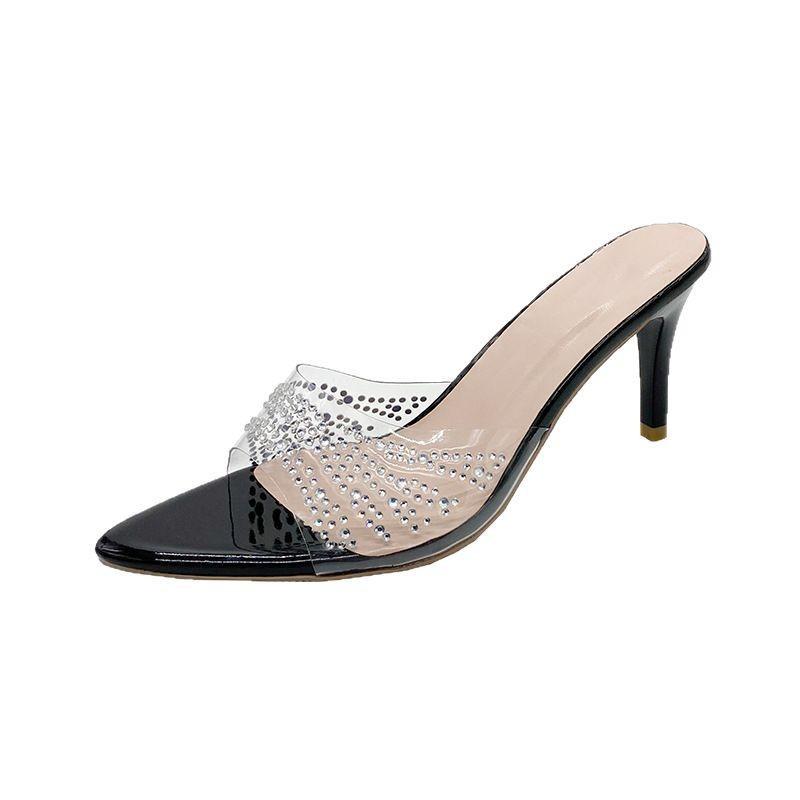 Transparent rhinestone thin heel sandals 2025 new large size European and American spring and summer new solid color pointed high heel slippers women