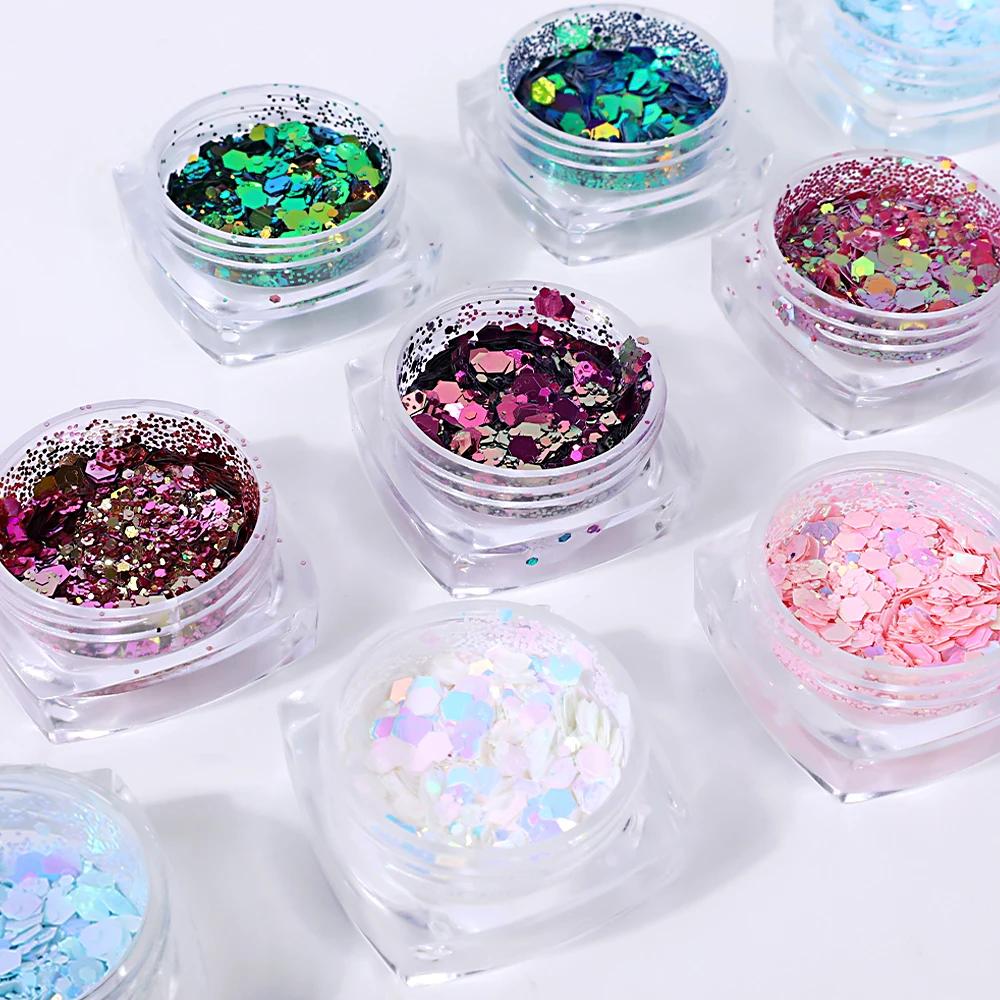 3D Glitzernde Nagelpailletten Laser Gemischtes Nagelglitzer Sechseckige Flocken Pulver Pailletten Schimmernde Bunte Nagel Flocken DIY Nageldekoration