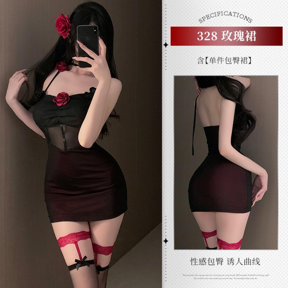 Xianyi Erotic Underwear Pure Flirting Abstinence Pajamas Three-dimensional Flower Sexy Perspective Hip Skirt Set 328