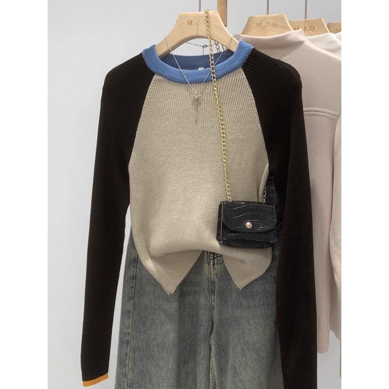  color round neck shoulder sleeve bottoming shirt women's autumn and winter slim-fitting age-reducing niche design sweater fashionable inner top