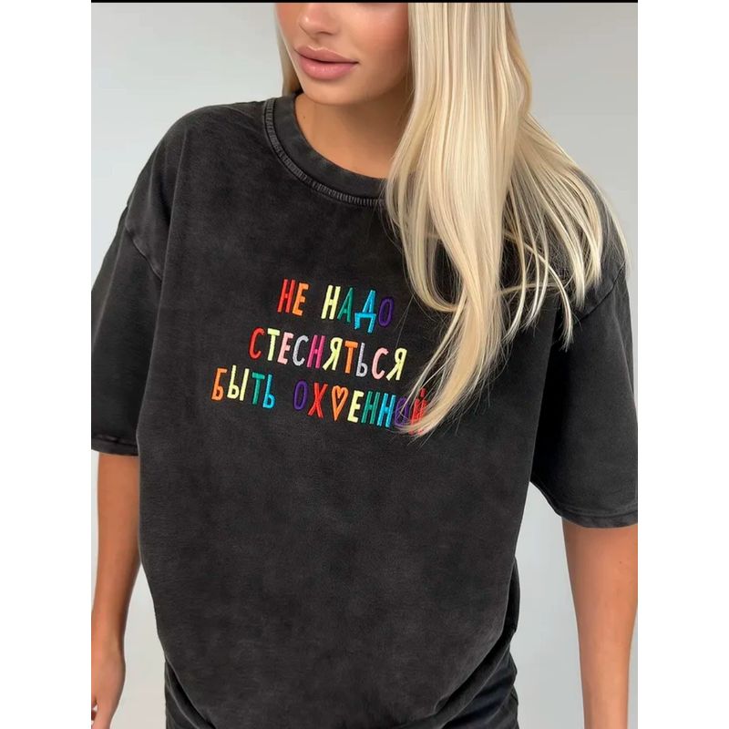 European and American Retro Old Washed Black Letters Print Cotton T-shirt Letter Printed Loose T-shirt