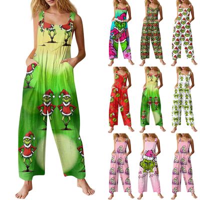 Women's Fashion Christmas  Print Casual Retro Sleeveless Button Jumpsuit
