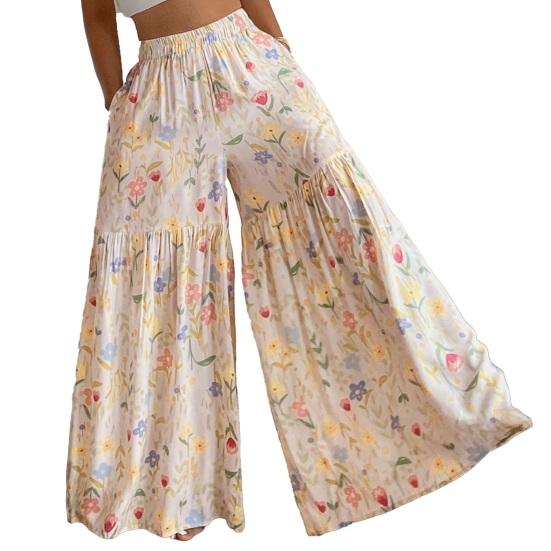 

Women Trousers Elastic Waist Floral Print Splicing Design Wide Leg Long Trouser with Pockets Travel Work School Daily S абрикосовий