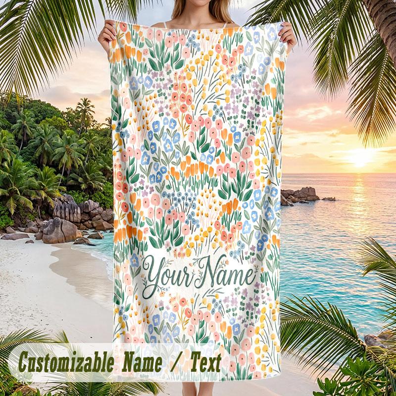 Floral Fantasy Poster Theme Quick Dry Beach Towel Custom Name Text Print Large Sand Resistant Towel Beach Vacation