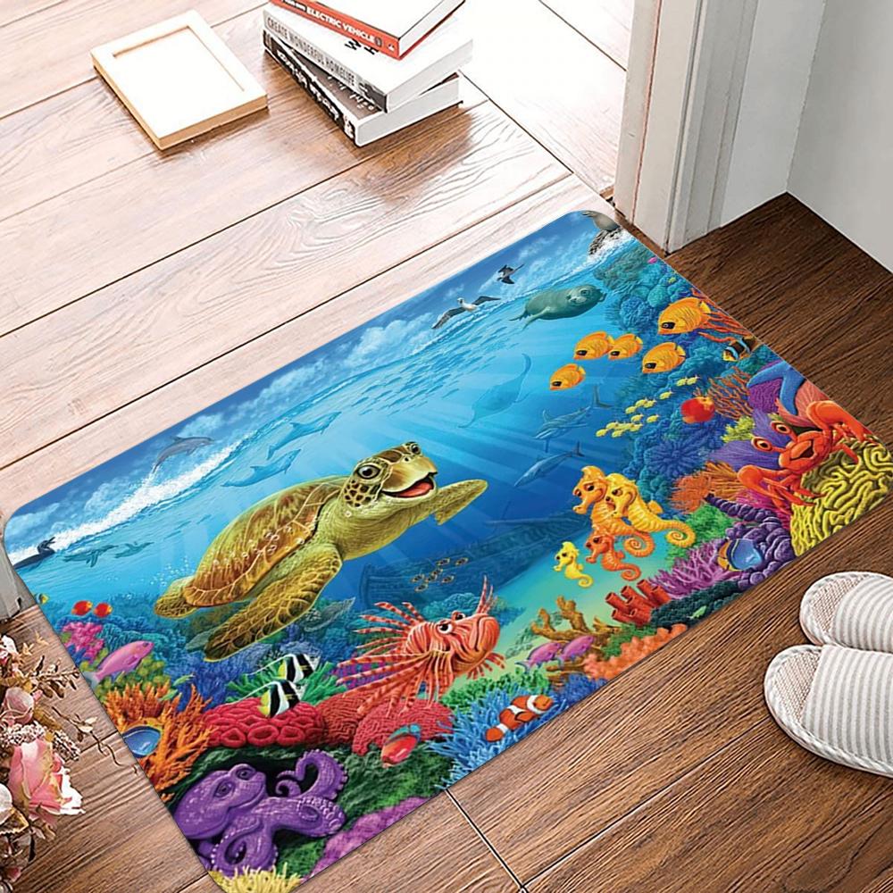 Grand Ocean Scene Door Mat with Whales Dolphins and Tropical Fish Non-slip Floor Rug for Entrance Home Decorative Mat