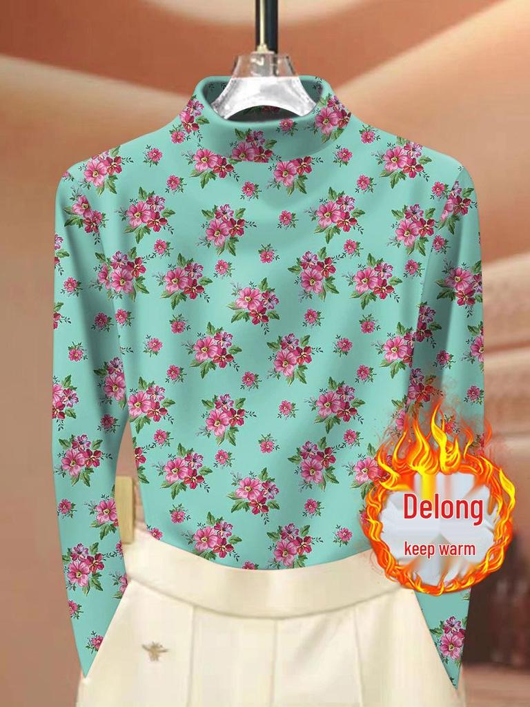 Women's Ribbed Fleece Floral Print Base Layer: Half-High Neck, Long Sleeve, Autumn/Winter Mom's Wear.