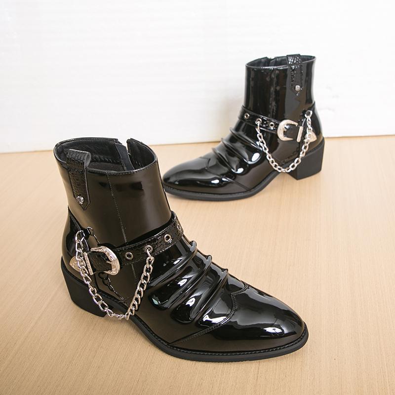 Designer New Men Pointed Punk Rock Metal Chain Leather Casual Chelsea Ankle Boot Male Winter High Top Monk Strap Hip-hop Shoes