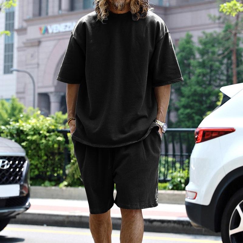 Completo Due Pezzi Casual Larga T-shirt Monocolore Oversize e Pantaloncini da Uomo